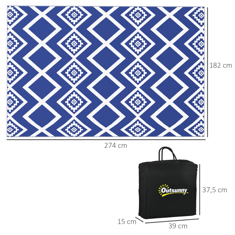Outsunny Terrasvloerkleed voor buiten, weerbestendig, modern ontwerp, 182 cm x 274 cm x 0,3 cm, Blauw + Wit
