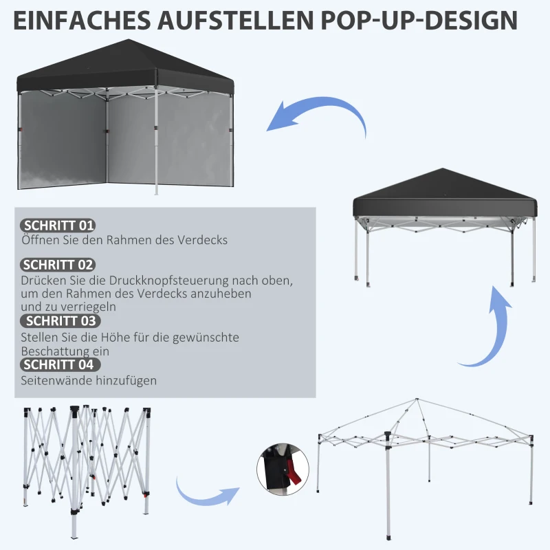 Outsunny Opvouwbare paviljoen met 2 zijwanden, verstelbare hoogte, inclusief draagtas, roestvrij stalen frame, 3x3 m, Zwart