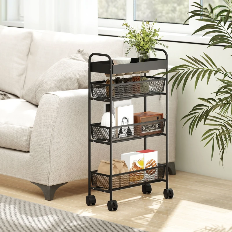 HOMCOM Chariot de rangement à 4 niveaux, desserte à roulettes, 3 paniers coulissants, panier supérieur 19 x 43,2 x 80 cm noir