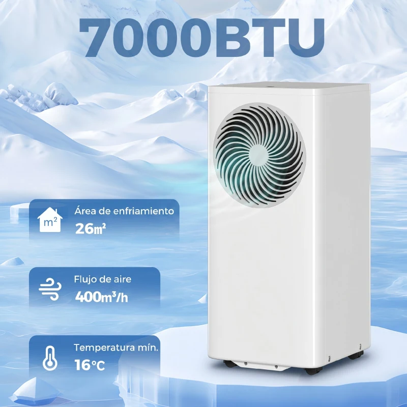 HOMCOM Aire Acondicionado Portátil 7000 BTU 4 en 1 Enfriamiento Deshumidificador Ventilador Modo de Sueño para 26 m² Blanco