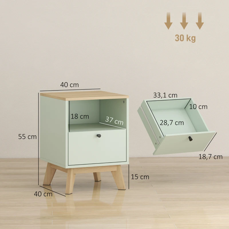 HOMCOM Lot de 2 tables de chevet, tables de nuit avec tiroir et compartiment ouvert, 40 x 40 x 55 cm, chêne et vert clair