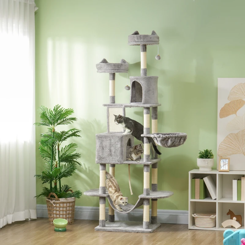 PawHut hoher Kratzbaum 206 cm mit 4 Sisal-Kratzsäulen, Höhlen, Körben, Hängematten, für 1-3 Kätzchen 6 kg, Hellgrau