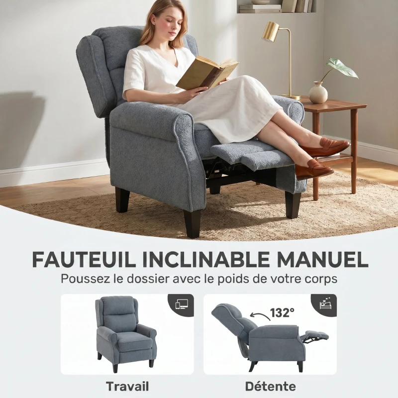 HOMCOM Fauteuil relax inclinable en polaire Teddy, fauteuil de relaxation avec repose-pieds extensible, assise rembourrée, gris