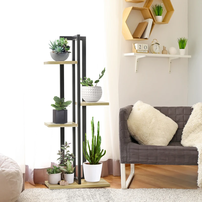 Outsunny Suport pentru Plante cu 4 Rafturi, Stil Industrial, din Lemn de Brad și Metal, 45x25x110 cm, Negru și Lemn Natural