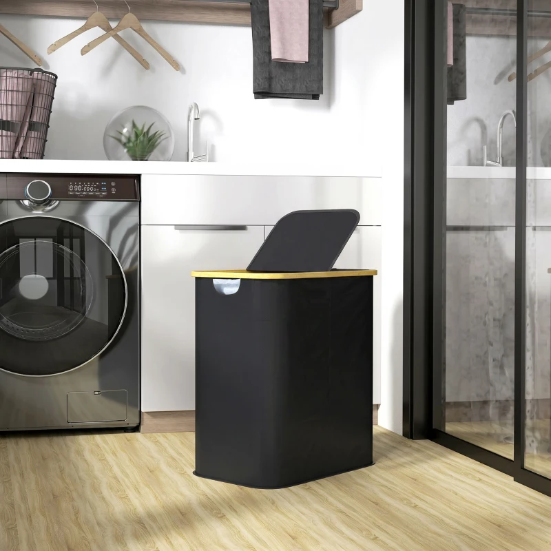 HOMCOM Panier à linge double pliable 80 L corbeille à linge sale avec couvercle, poignées rainurées, noir