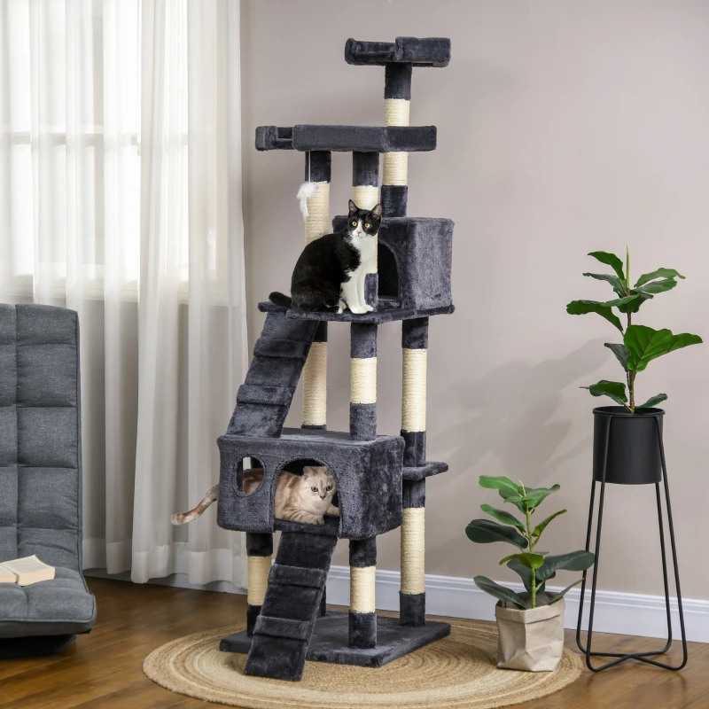 PawHut Kratzbaum 173 cm Katzenturm mit Höhle, Sisalstämme, große Plattform, mehrstöckig Dunkelgrau