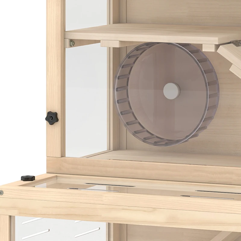PawHut Wooden Hamster Cage with Hut, Wheel, Ramps, Removable Viewing Panels, 80 x 50 x 84 cm, Natural
