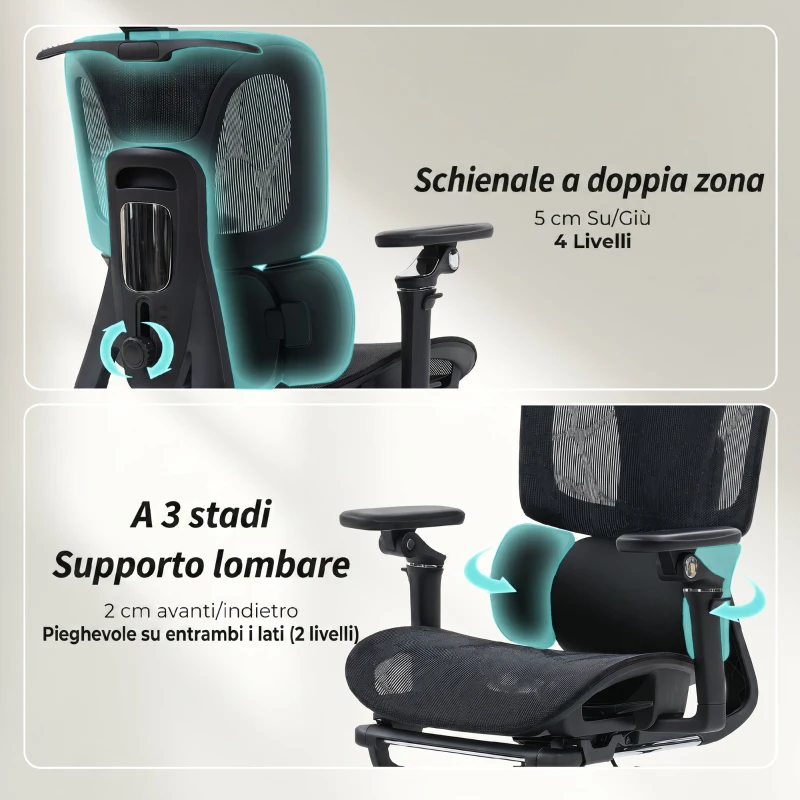HOMCOM Sedia da Ufficio Ergonomica in Rete con Braccioli, Poggiatesta, Schienale Regolabili, Funzione Dondolo, Nero