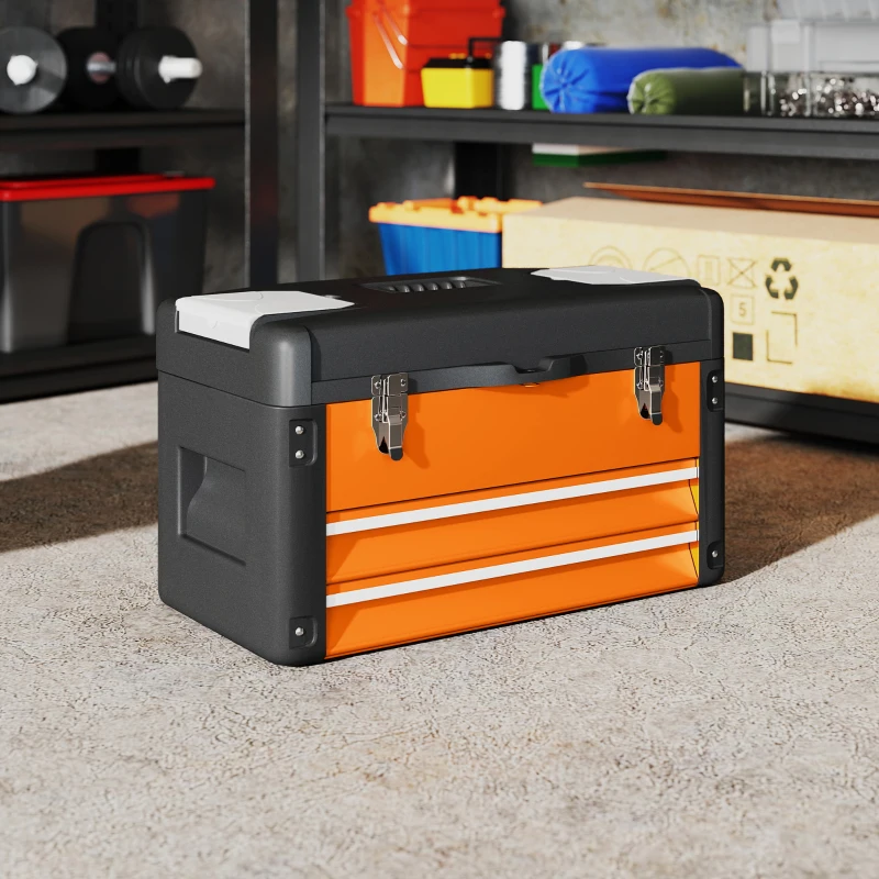 HOMCOM Gereedschapskist ongevuld, 49,7 x 25,3 x 28,9 cm gereedschapskist met lade, mini-box van staal, Oranje