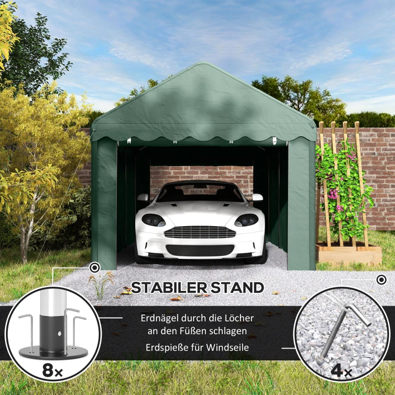 Outsunny 3x6 m draagbare Carport, voertuigoverkapping met 2 ingangen, polyesterdak, voor auto's, boten, tuingereedschap, donkergroen