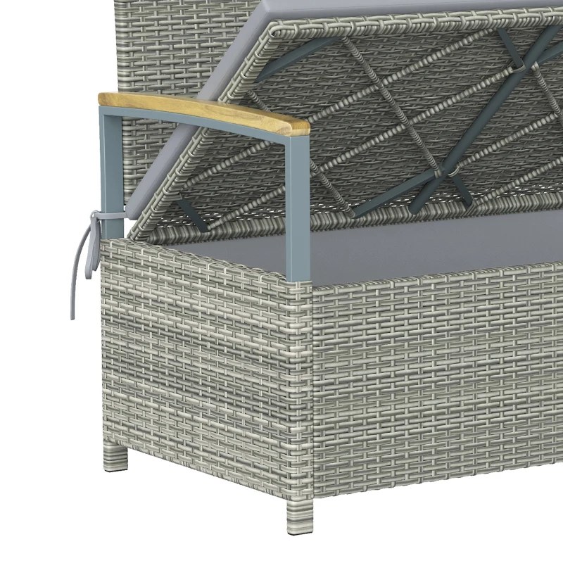 Outsunny 170 L Garden Storage Bench with Zipped Liner, 2 Seater Rattan Garden Bench with Storage, Gas Strut, Cushion, Light Grey