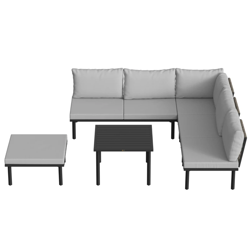 Outsunny Lounge Tuinmeubelset 5-6 Personen Tuinlounge Set met 2-zits Tuinbank, 2 Stoelen, Hoekstoel, Lamellen-tafel, Voetenbank