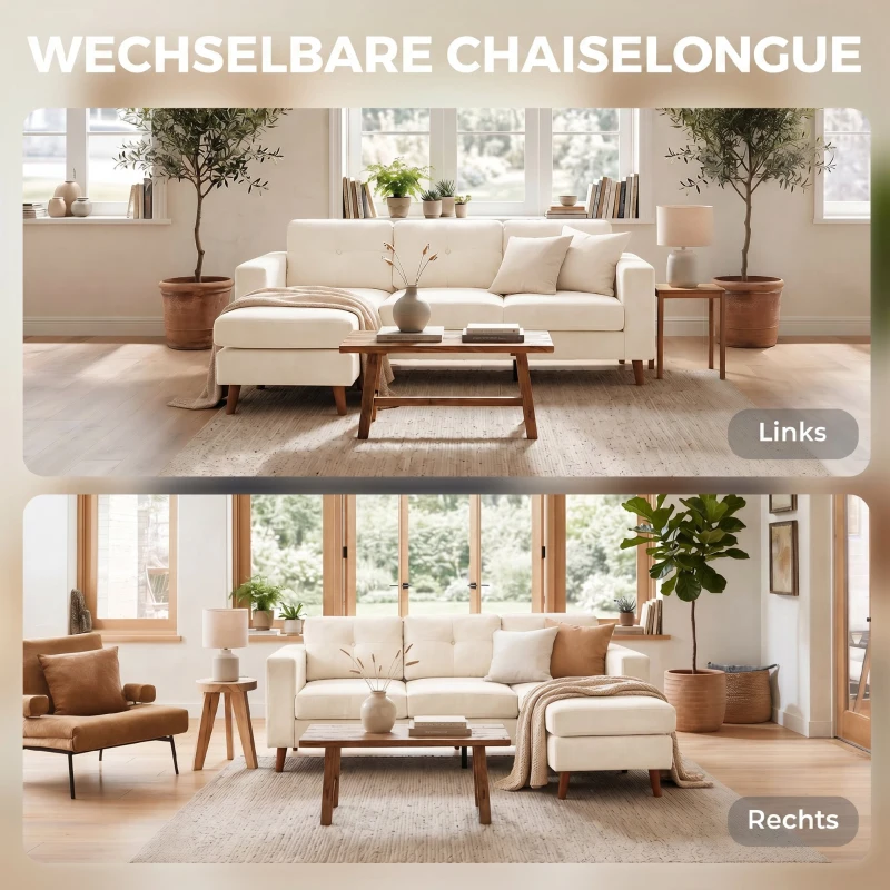 HOMCOM Ecksofa 192 cm L-Form 3-Sitzer Sofa mit umkehrbarer Chaiselongue, Cord-Optik, für kleinen Raum, Cremeweiß