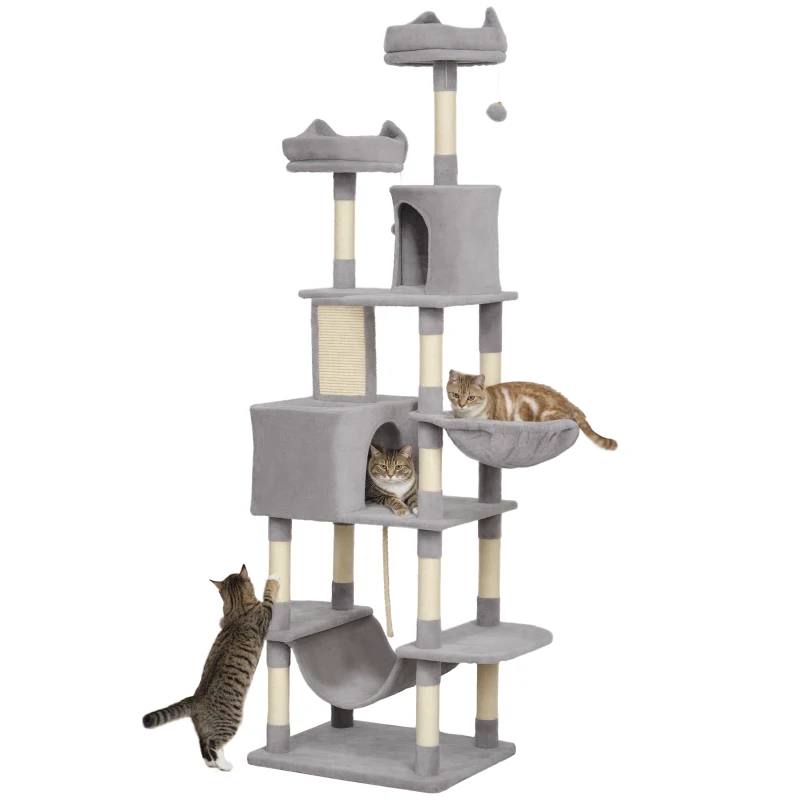 PawHut hoher Kratzbaum 206 cm mit 4 Sisal-Kratzsäulen, Höhlen, Körben, Hängematten, für 1-3 Kätzchen 6 kg, Hellgrau