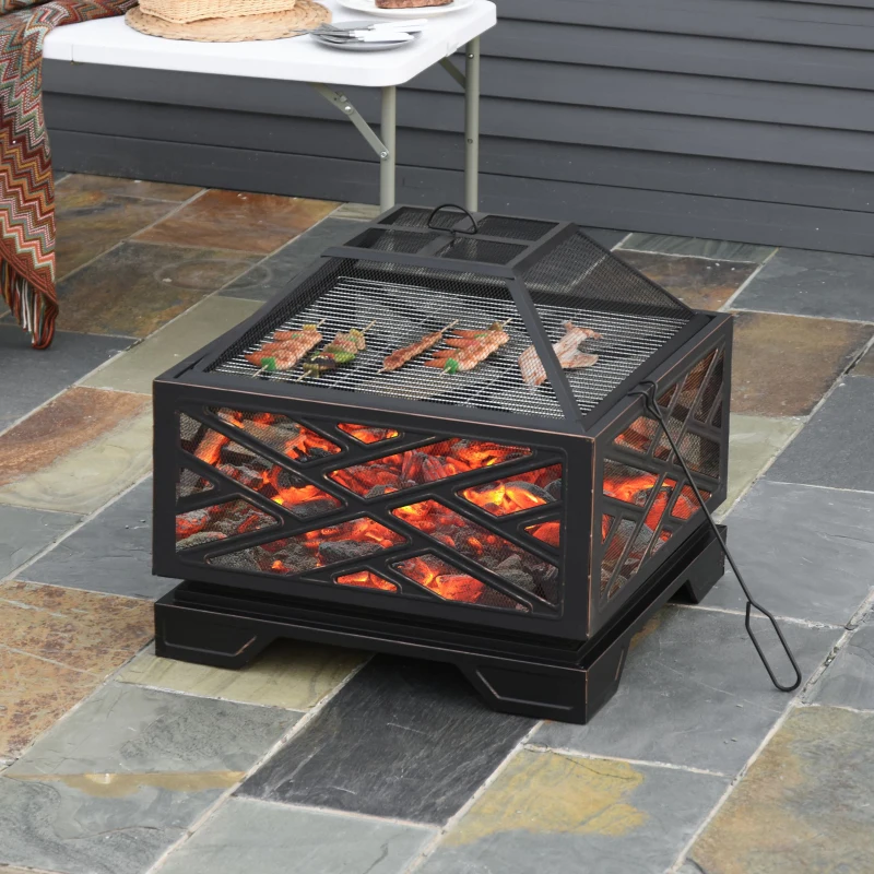 Outsunny Feuerschale mit Funkenschutz, Grillrost, Schürhaken, quadratisch, Stahlgehäuse, schwarz, 66 x 66 cm