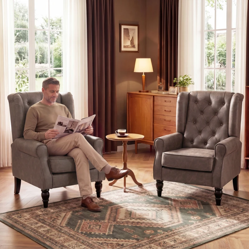 HOMCOM Fauteuil de Chambre en Cuir PU avec Assise Large, Accoudoirs et Pieds en Bois d'Eucalyptus, Marron
