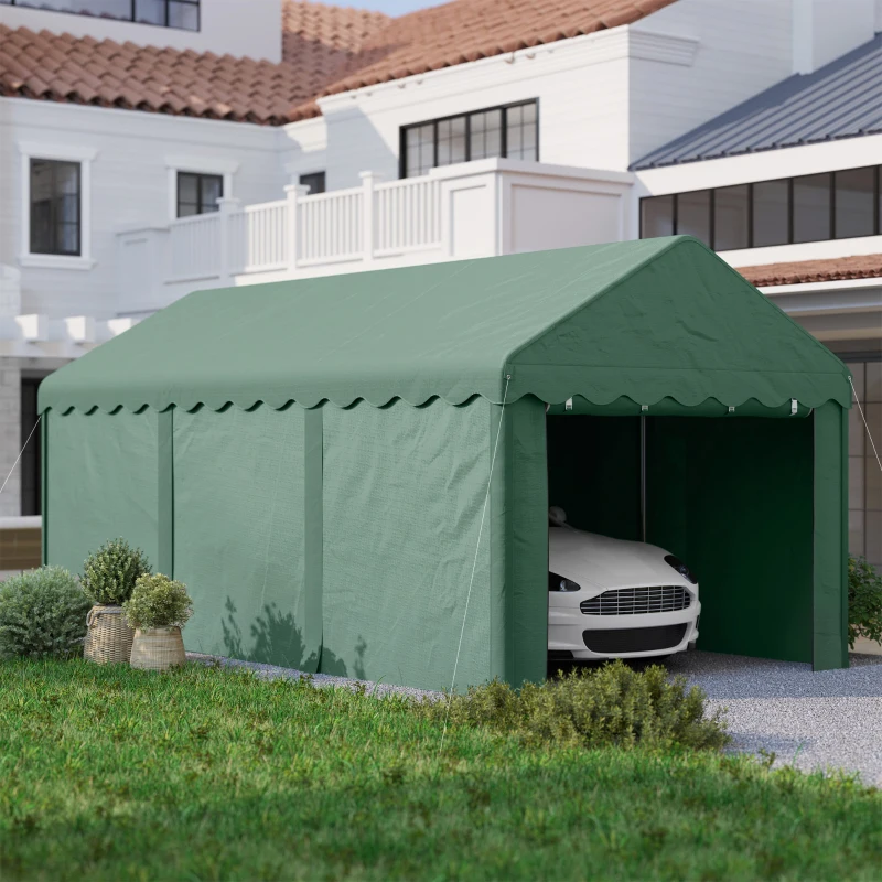 Outsunny 3x6 m draagbare Carport, voertuigoverkapping met 2 ingangen, polyesterdak, voor auto's, boten, tuingereedschap, donkergroen