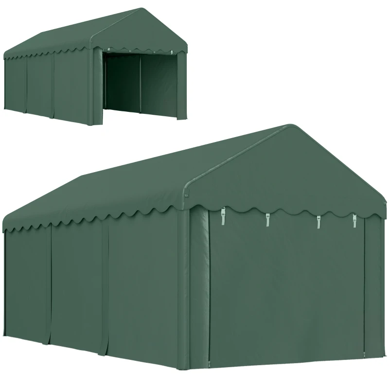 Outsunny 3x6 m draagbare Carport, voertuigoverkapping met 2 ingangen, polyesterdak, voor auto's, boten, tuingereedschap, donkergroen