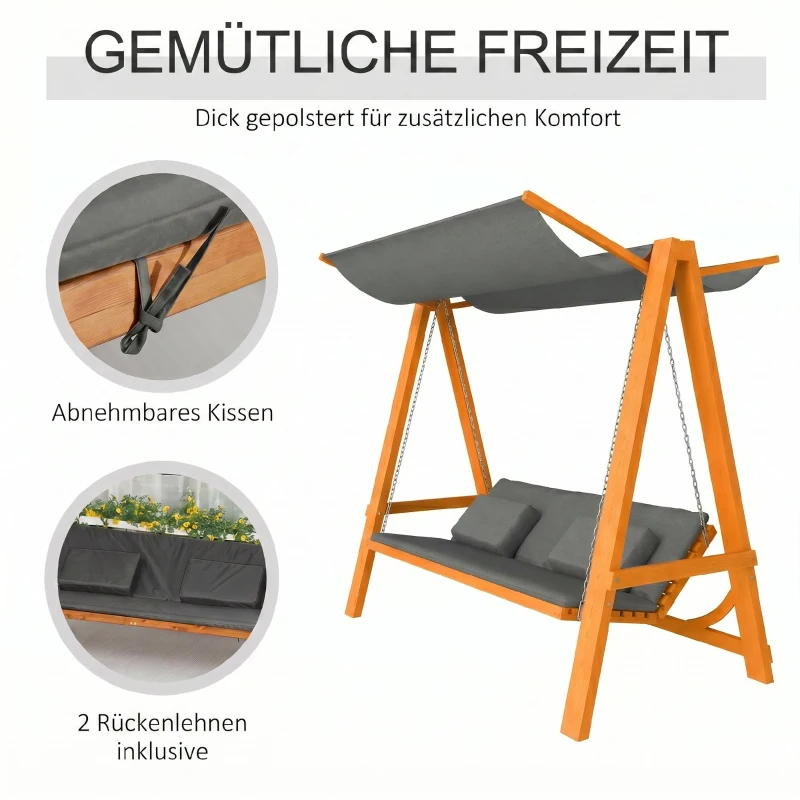 Outsunny Hollywoodschaukel mit Bettfunktion 3-Sitzer Gartenschaukel Lärche mit verstellbarem Sonnendach 225,5 x 130 x 180 cm