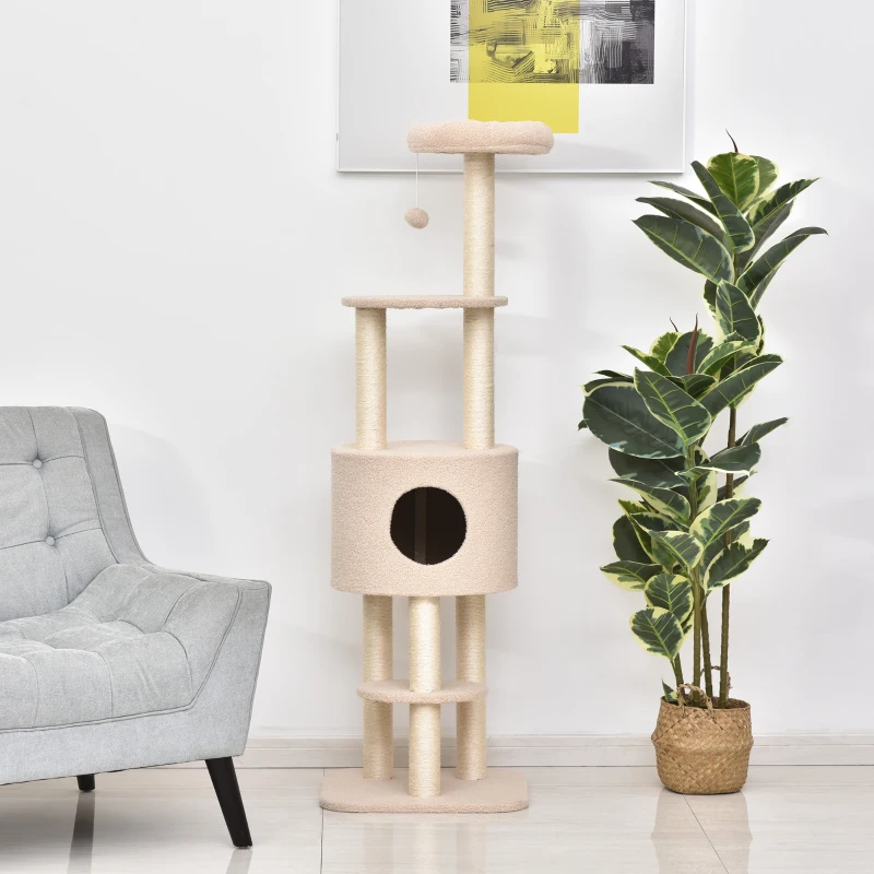PawHut Kratzbaum 148 cm hoch Katzenbaum mit Höhle, 4 Spielzeuge, Sisalstämme, große Plattform, mehrstöckig für Katzen bis 5 kg