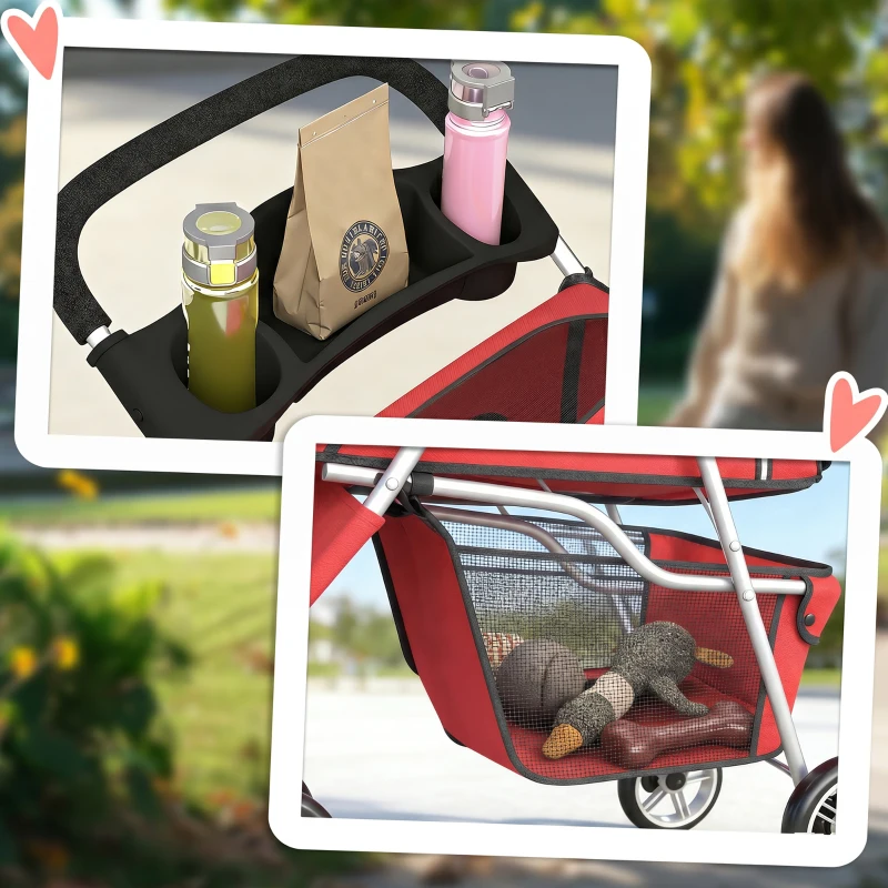 PawHut Poussette pour Chien 4 Roues, Chariot Pliable avec Auvent Réglable, Panier de Rangement, 77x44x102cm, Rouge