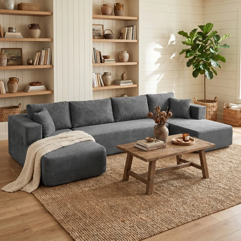 HOMCOM Modulares U-Sofa 4-Sitzer, 2 Ottomane, 2-Sitzer-Sofa, 6 Kissen, Ohne Montage, 369 x 152 x 78 cm, Grau
