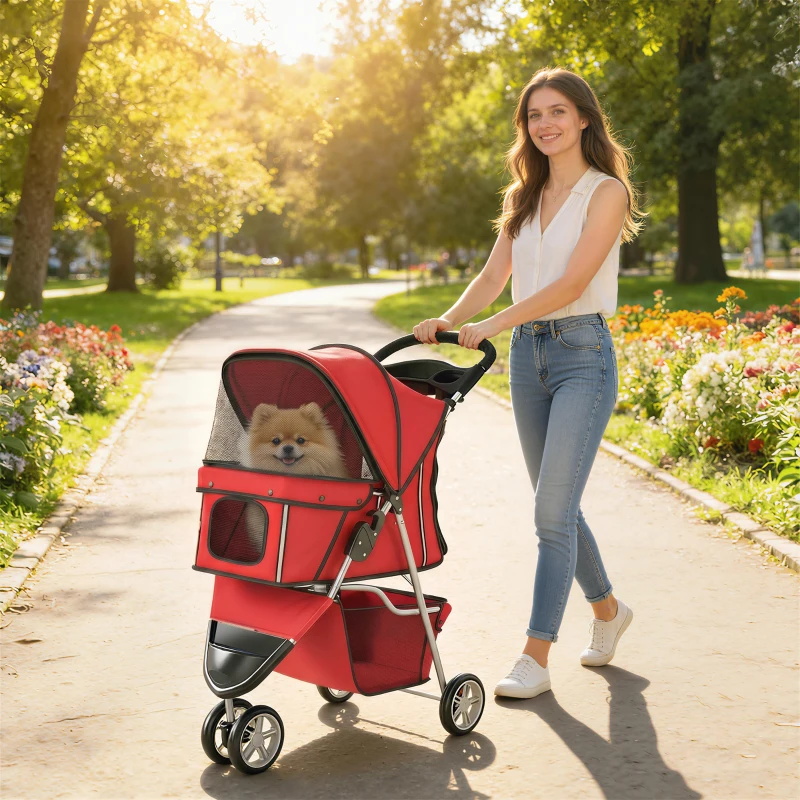 PawHut Passeggino per Cani Piccoli Pieghevole con Portabicchieri e Cestino Portaoggetti, Rosso