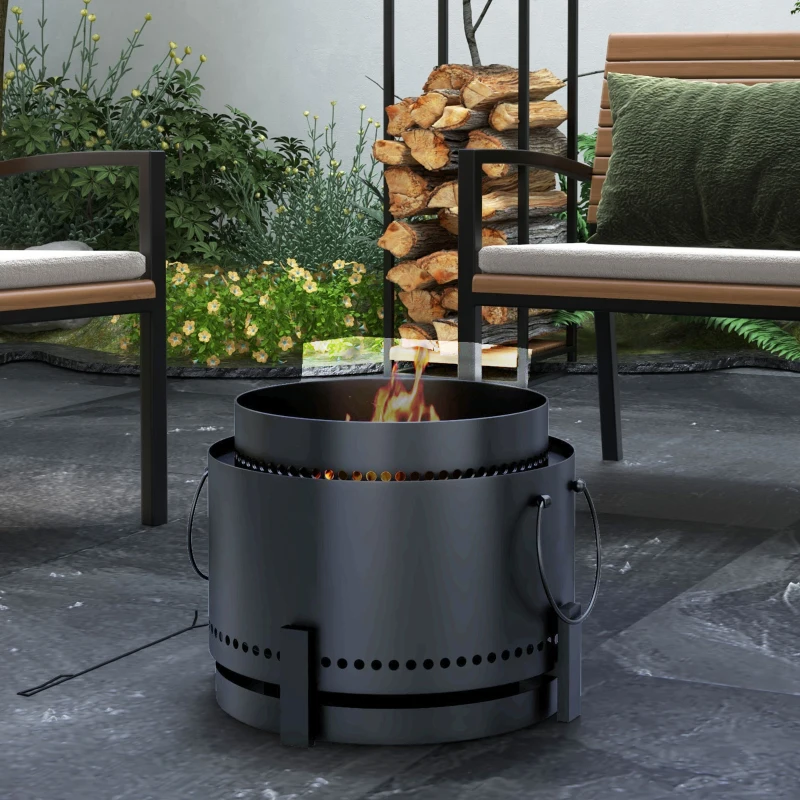 Outsunny Smokeless Fire Pit with Ash Catcher, 37cm Portable Wood Burning Firepit with Poker for Garden Camping Bonfire Party, Metal, Black