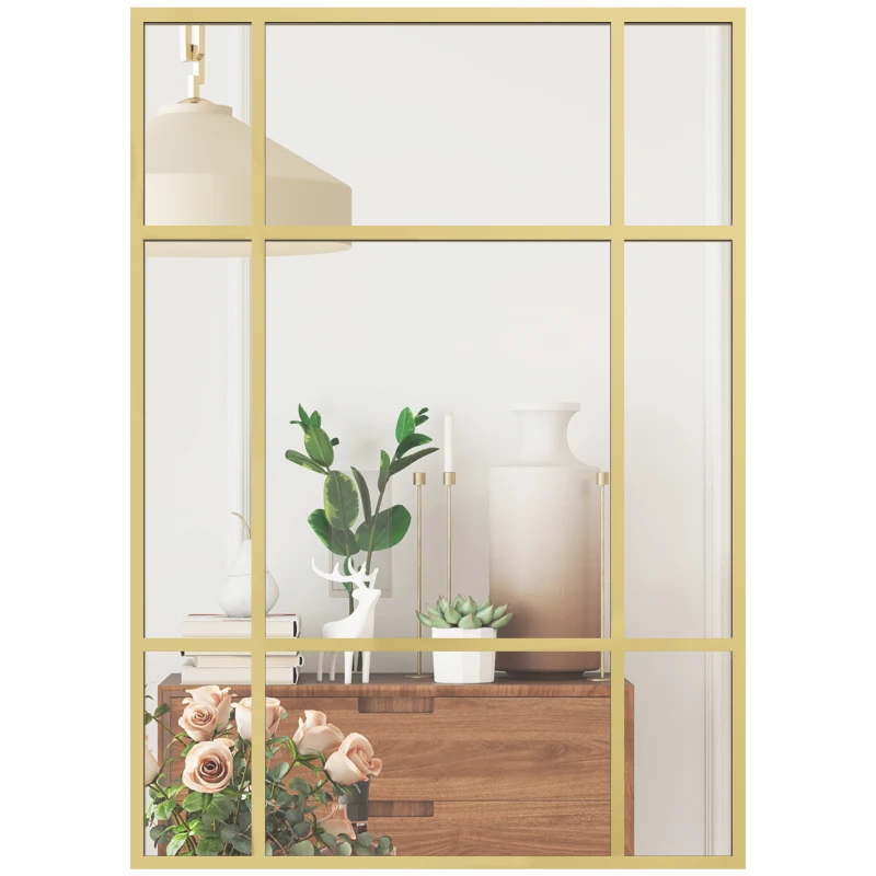 HOMCOM Miroir mural verrière rectangulaire style fenêtre, horizontal ou vertical avec 4 crochets, en métal doré - 50x70 cm