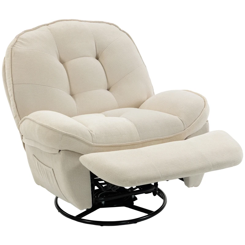 HOMCOM Sillón relax de chenilla, ajustable manualmente, giratorio 360° y basculante con asiento amplio, respaldo alto, blanco crema