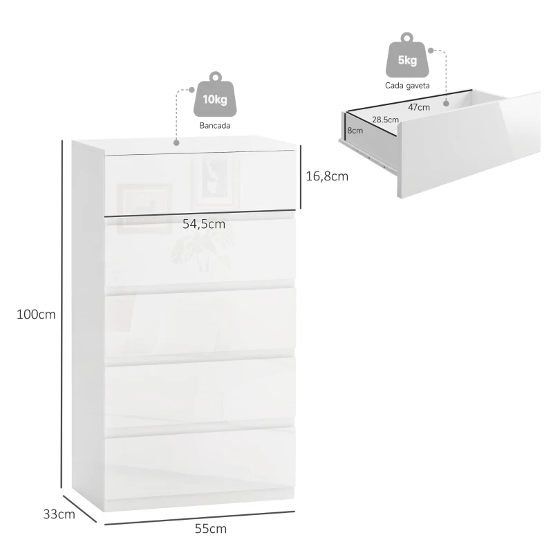 HOMCOM Cómoda com 5 Gavetas de Madeira Cómoda de Dormitório Cómoda Branca Estilo Moderno 55x33x80 cm Branco Brilhante