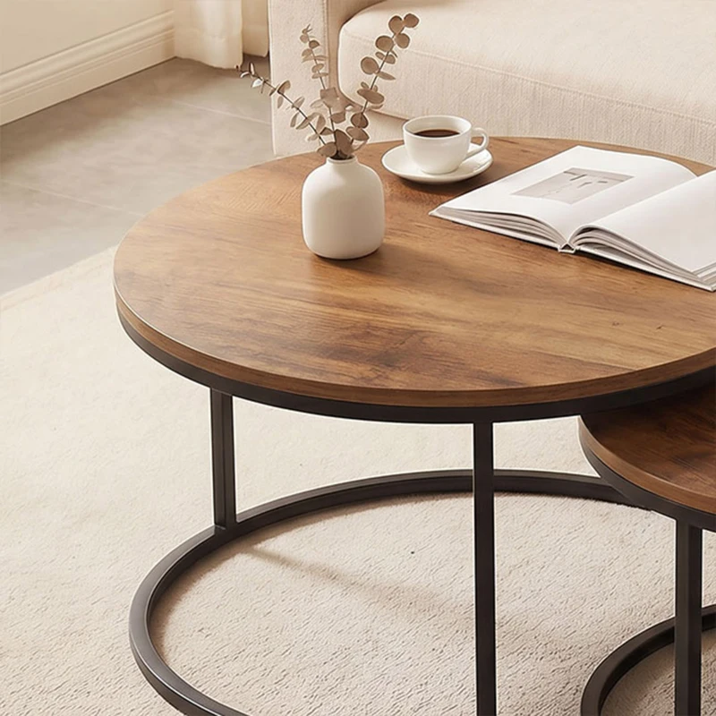 HOMCOM Rundes Couchtisch-Set, 2-teilig, Industrielle Beistelltische mit Metallrahmen für Wohnzimmer und Schlafzimmer, Braun