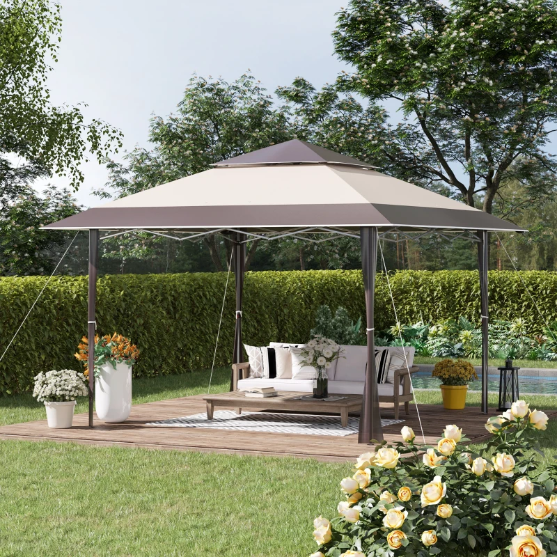 Outsunny Gazebo da Giardino Pieghevole 3.9x3.9m in Metallo, Gazebo Portatile con Borsa da Viaggio, Cachi