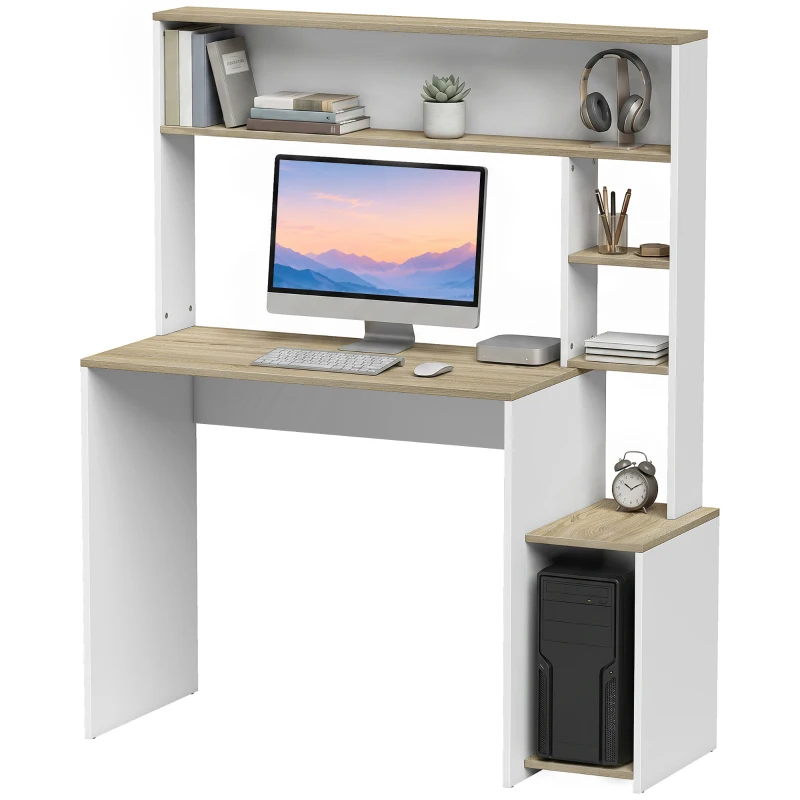 HOMCOM Computertisch, 114 x 45 x 138 cm, Schreibtisch mit Stauraum, offene Regale und CPU-Halter, Weiß und Holzdekor