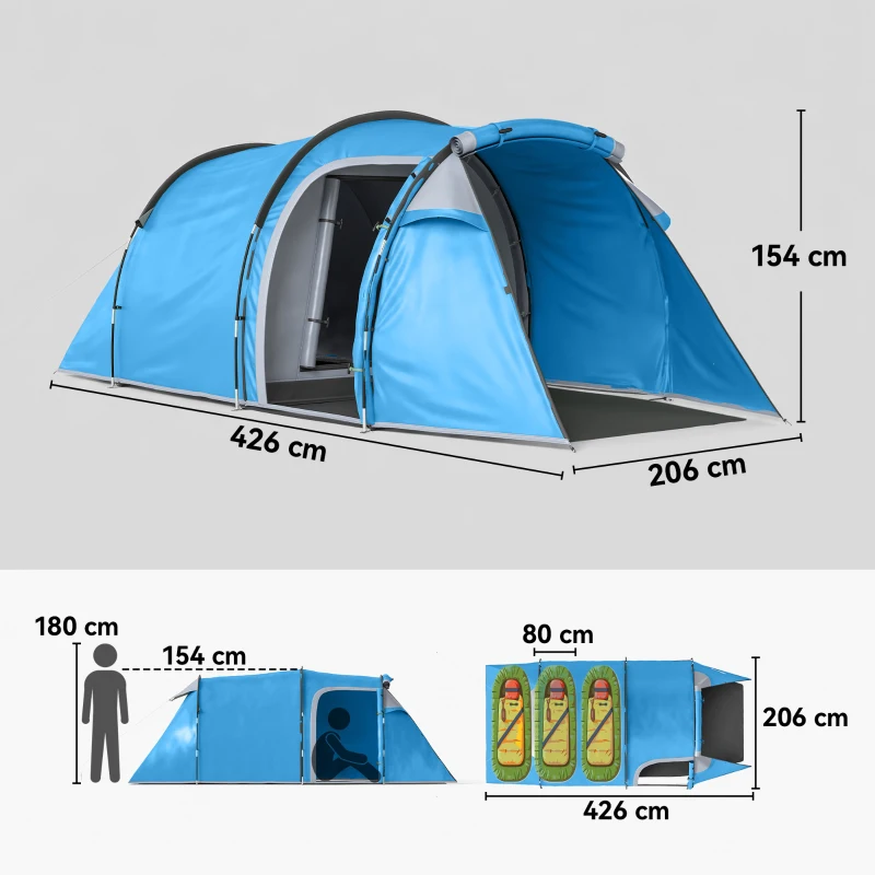 Outsunny Campingzelt, Wurfzelt für 2 Personen, Vorraum & Schlafbereich, wasserdicht, 426 x 206 x 154 cm, Hellblau