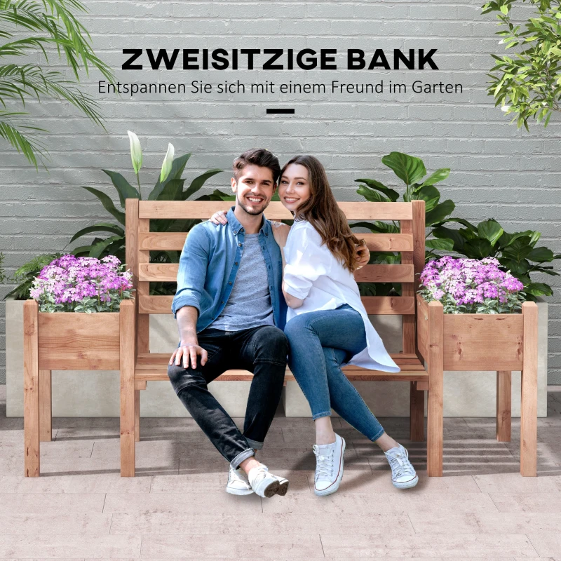 Outsunny Tuinbank, 2-Zits Bank, inclusief plantenbakken, hout, 184 cm x 59 cm x 95 cm, Bruin