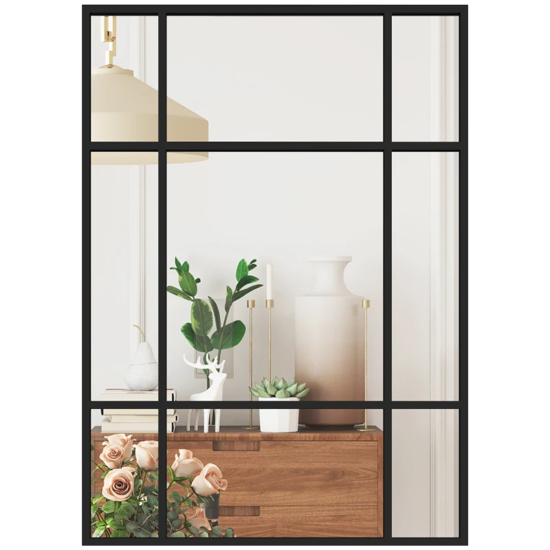 HOMCOM Miroir mural verrière rectangulaire style fenêtre, horizontal ou vertical avec 4 crochets, en métal noir - 50x70 cm