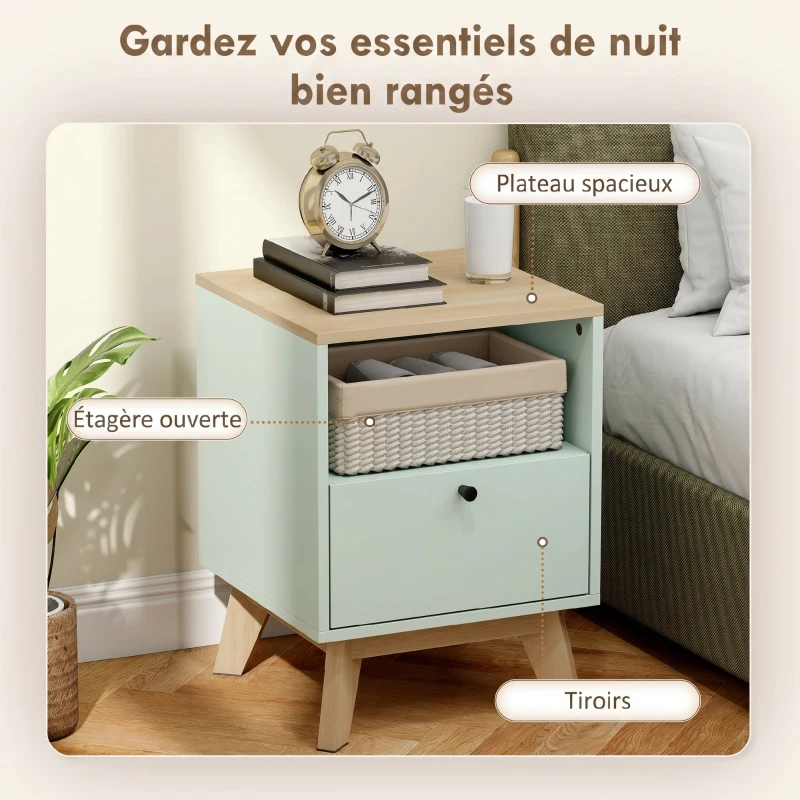 HOMCOM Lot de 2 tables de chevet, tables de nuit avec tiroir et compartiment ouvert, 40 x 40 x 55 cm, chêne et vert clair