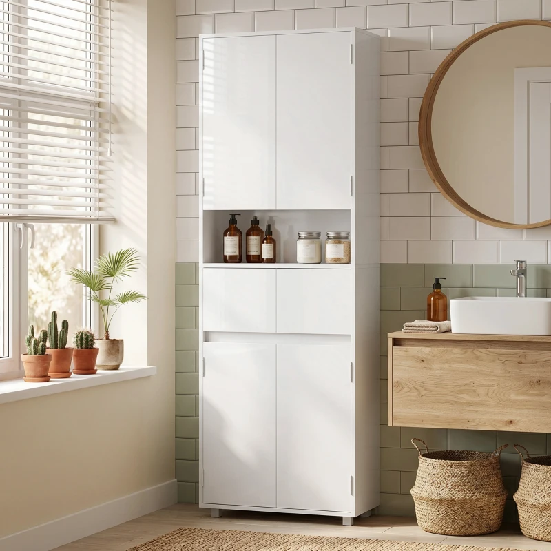 HOMCOM Mobile Bagno Alto Slim con Cassetti e Ripiani, 60x30x170 cm, Bianco Lucido