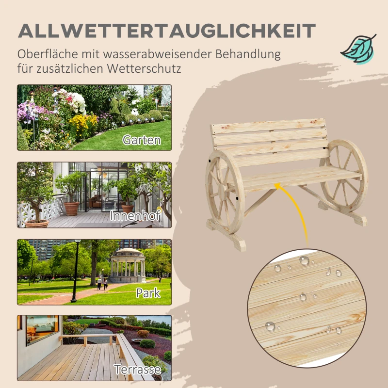 Outsunny Tuinbank, Wagenwiel-ontwerp, voor 2 personen, natuurlijk hout, donkerbruin, 105,5 x 56 x 79 cm, Natuurlijk