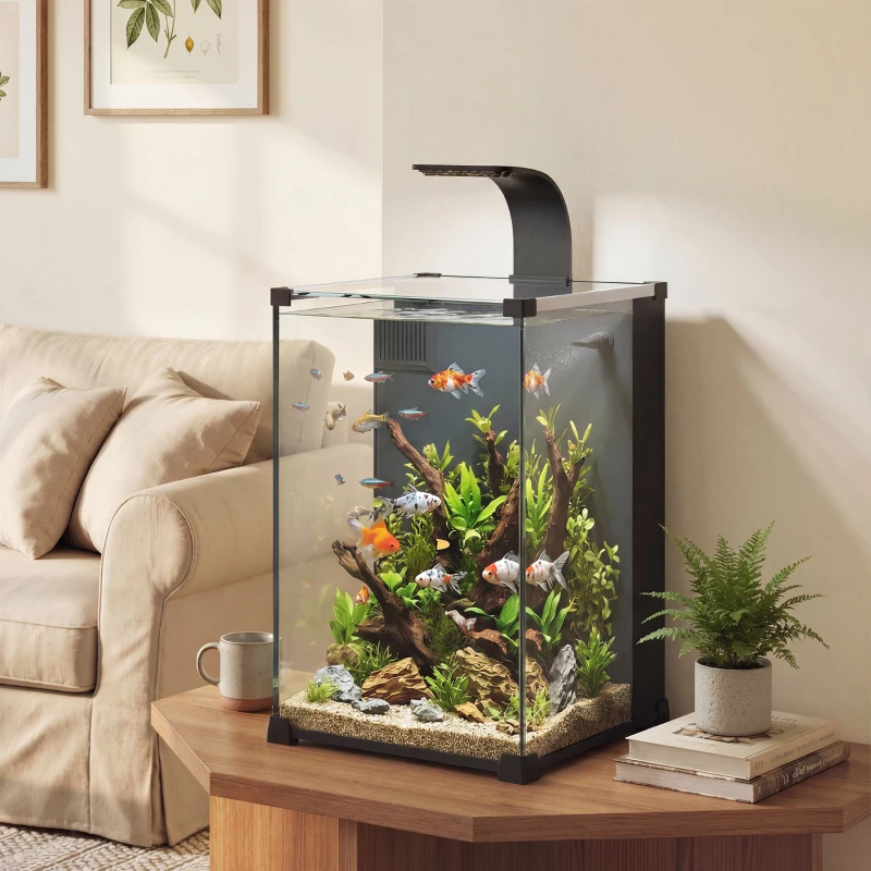 PawHut Aquarium Komplettset 36L Nano Aquarium mit LED-Beleuchtung Filtersystem Pumpe Zirkulation 30 x 30 x 45,5 cm Schwarz