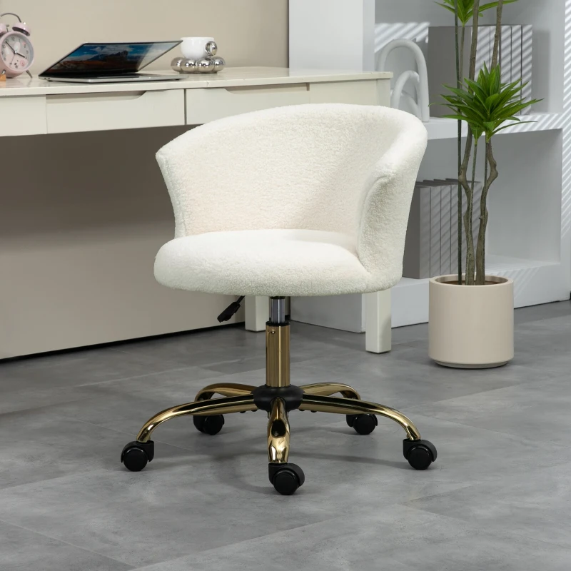 Vinsetto Sedia da Ufficio Regolabile in Altezza con Seduta Girevole e Rivestimento in Velluto Teddy, Bianco e Oro