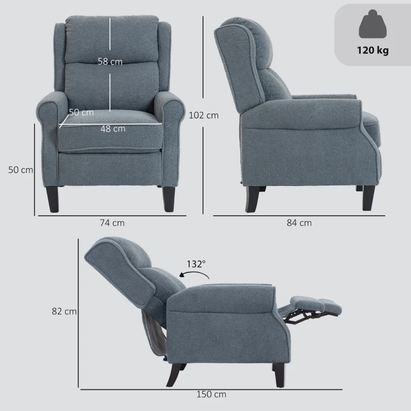 HOMCOM Fauteuil relax inclinable en polaire Teddy, fauteuil de relaxation avec repose-pieds extensible, assise rembourrée, gris