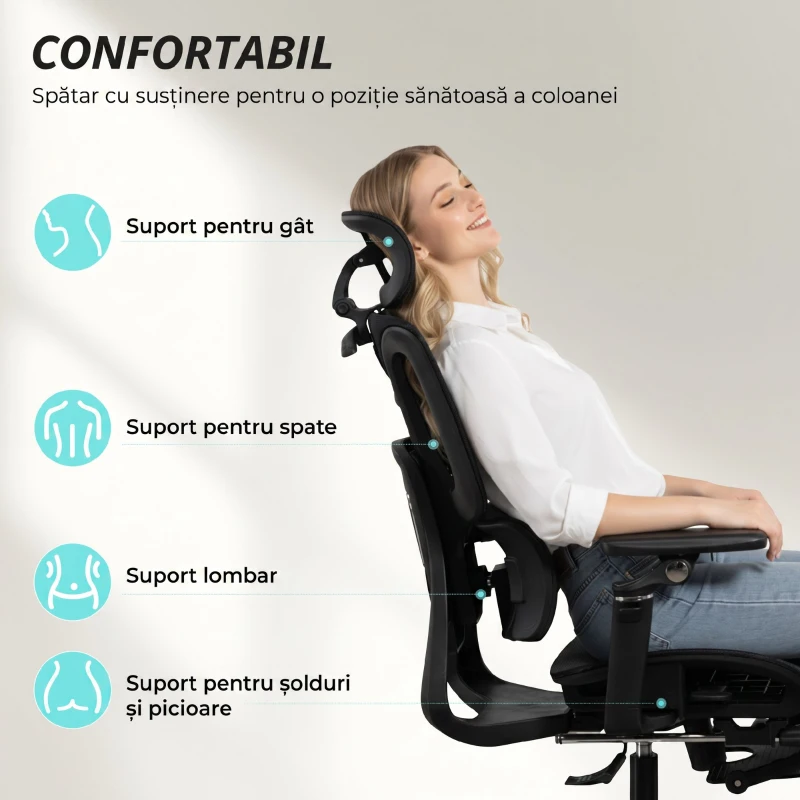 HOMCOM Scaun de Birou Ergonomic din Plasă cu Cotiere, Tetieră, Spătar Reglabil, Funcție Legănare, Negru