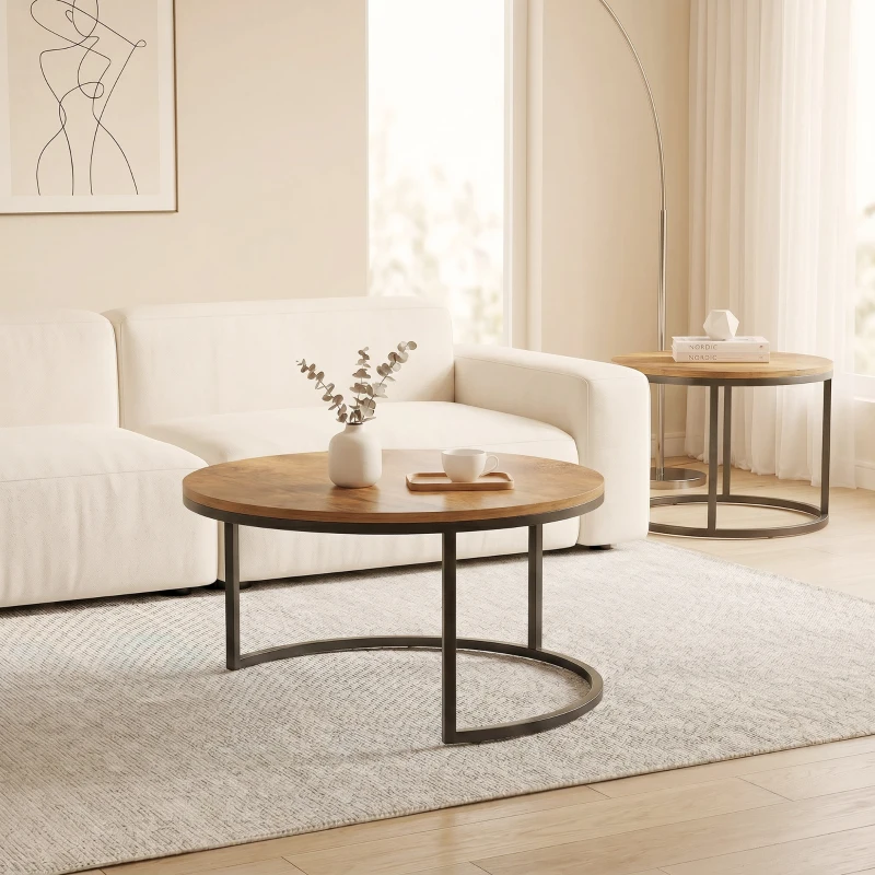 HOMCOM Rundes Couchtisch-Set, 2-teilig, Industrielle Beistelltische mit Metallrahmen für Wohnzimmer und Schlafzimmer, Braun