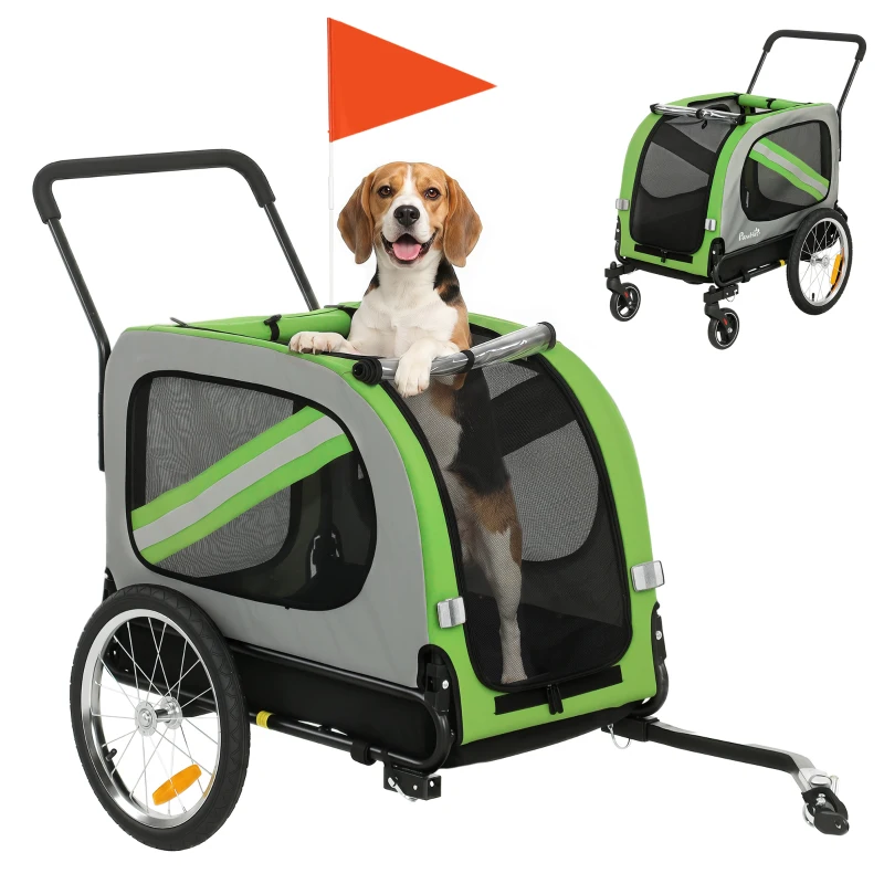 PawHut 2-in-1 Fahrradanhänger für Hunde Faltbarer Haustierwagen mit Sicherheitsgurt und Reflektoren Grün