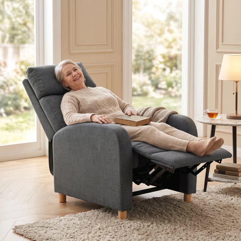 HOMCOM Manuell verstellbarer Relaxsessel 135° mit Fußstütze, in Leinenoptik-Stoff, Holzbeine, Dunkelgrau