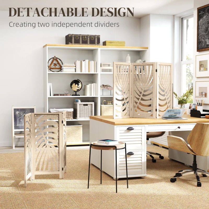 HOMCOM 3 Panel Room Divider, Detachable Folding Privacy Screens with Palm Leaf Design for Home Office, Natural Wood Finish
