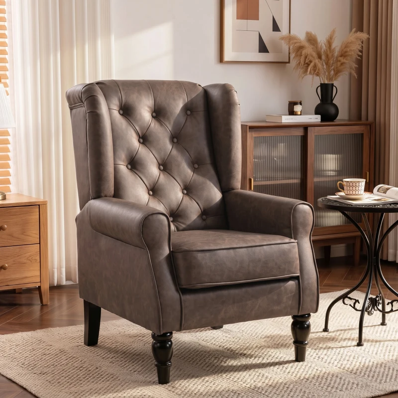 HOMCOM Fauteuil de Chambre en Cuir PU avec Assise Large, Accoudoirs et Pieds en Bois d'Eucalyptus, Marron