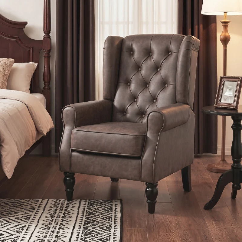 HOMCOM Fauteuil de Chambre en Cuir PU avec Assise Large, Accoudoirs et Pieds en Bois d'Eucalyptus, Marron